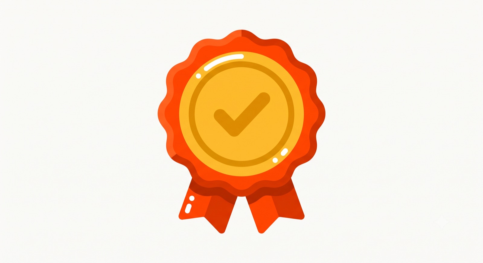 Flat illustration of an approval badge with a check on a cream background