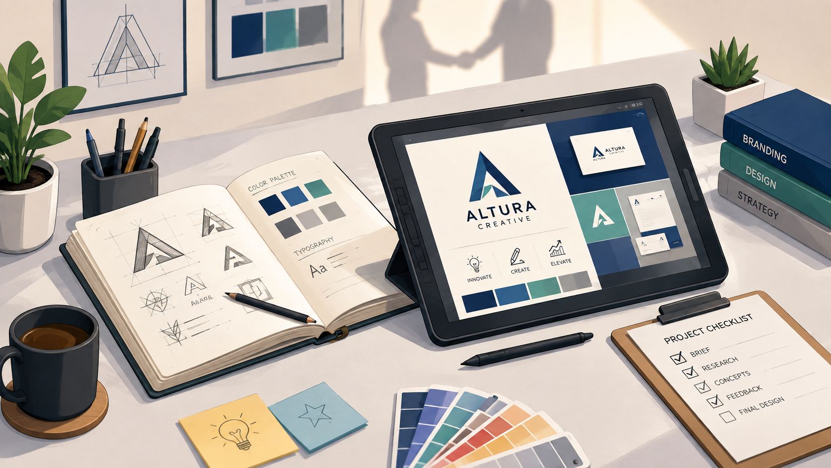 Flat illustration of brand assets and design tools representing a graphic design agency engagement