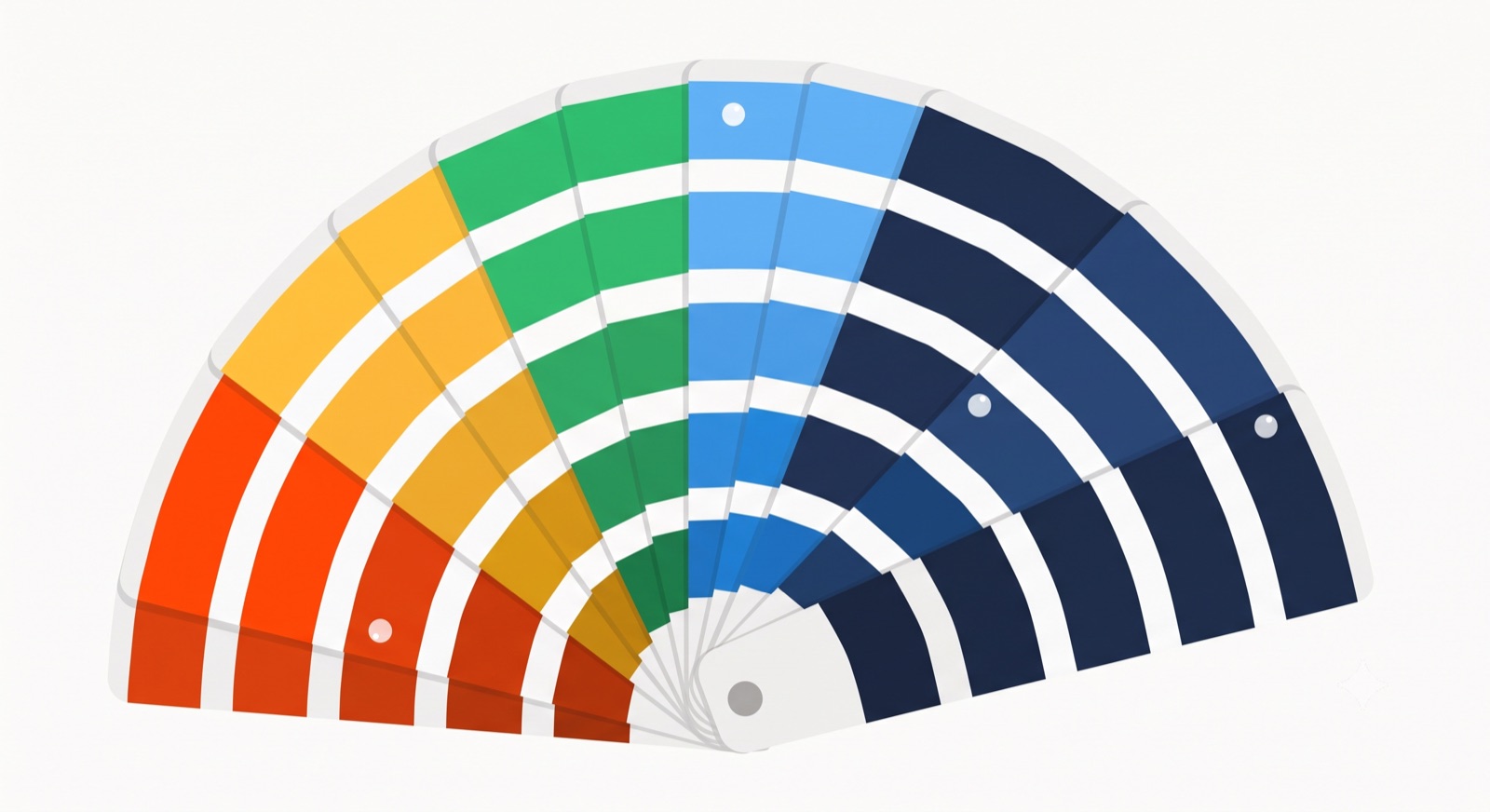 Flat illustration of a fanned Pantone-style color swatch deck on a cream background