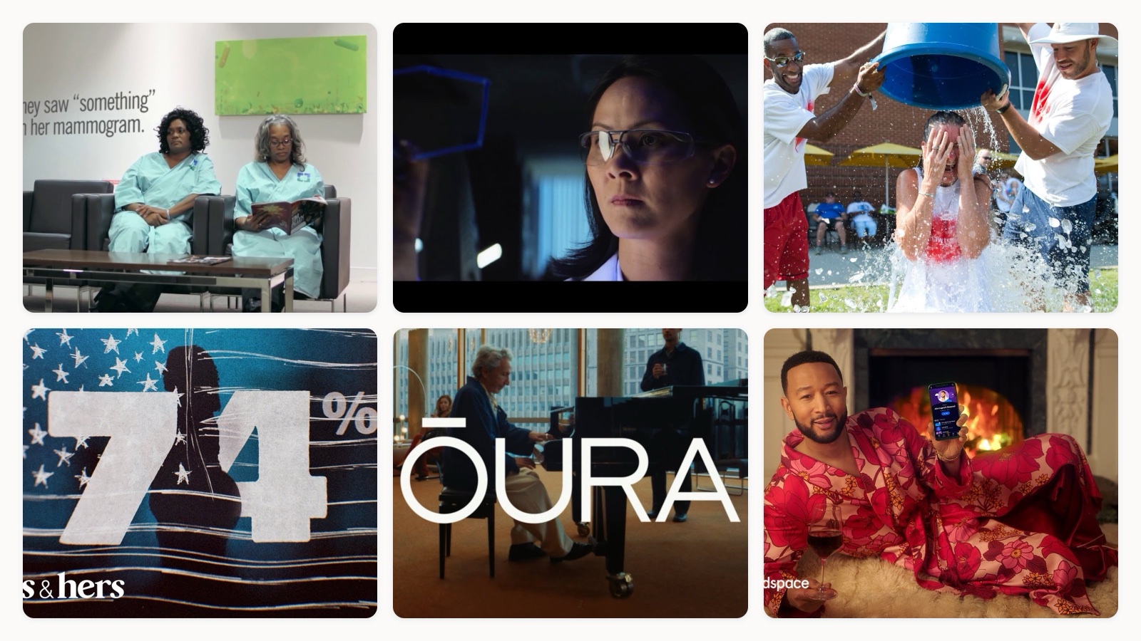 Collage of health, pharma and wellness video ad stills on a warm cream background