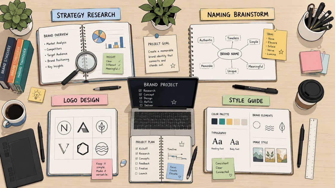 A professional flatlay showing a desk workspace with branding project plans, design notes, and strategy tools.
