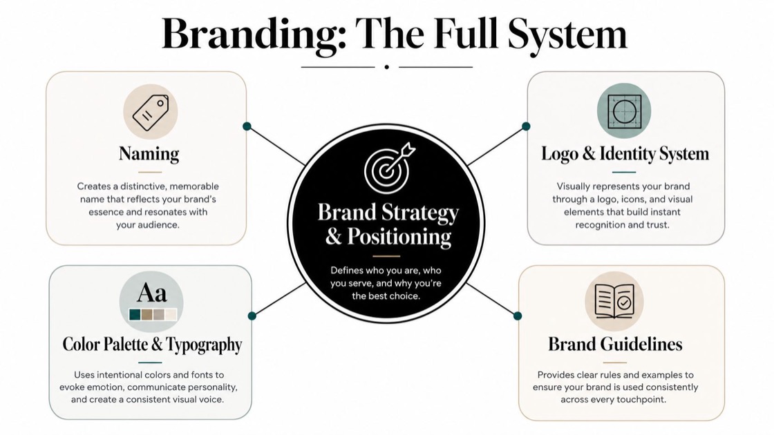 A diagram illustrating branding components, including strategy, naming, identity, design, and guidelines for brand development.