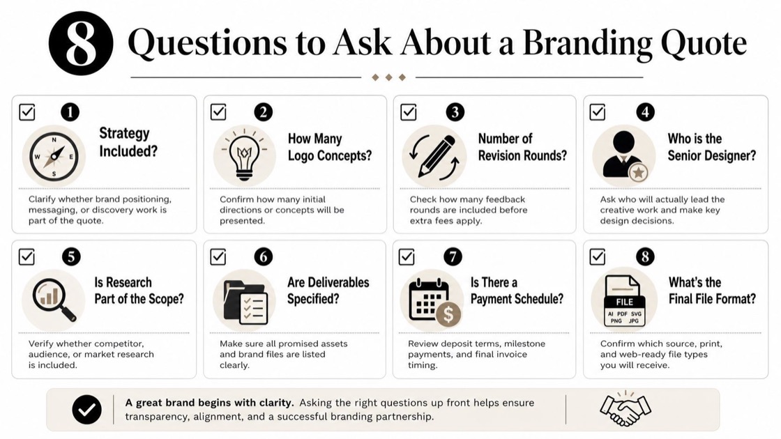An infographic titled 8 Questions to Ask About a Branding Quote, providing advice for client expectations.