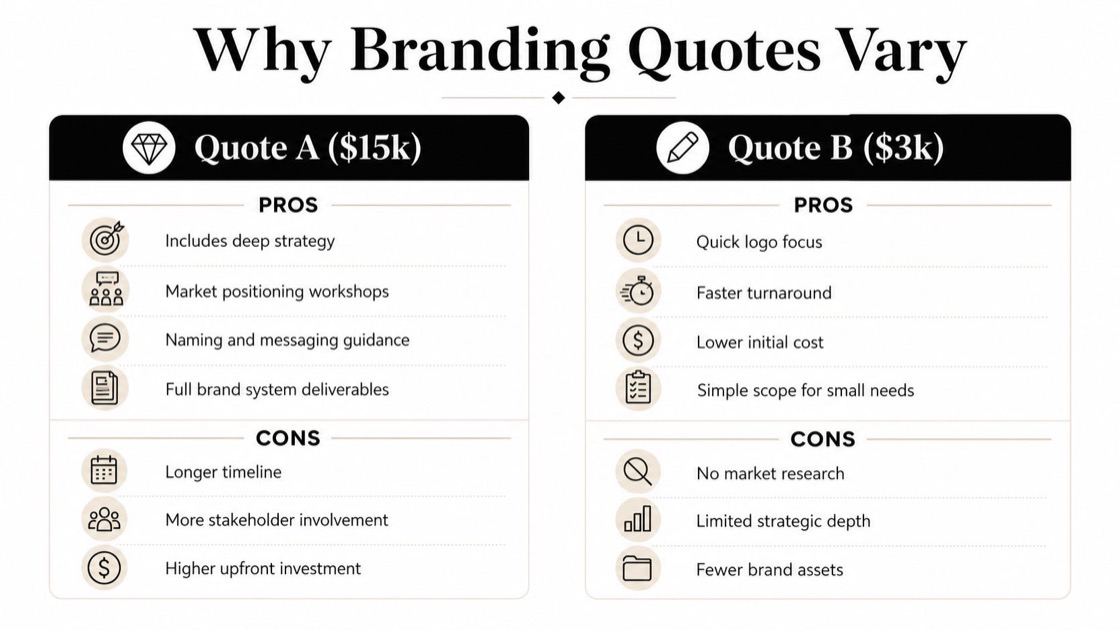 A comparison chart showing how branding quotes vary between a comprehensive strategy plan and a logo focus.