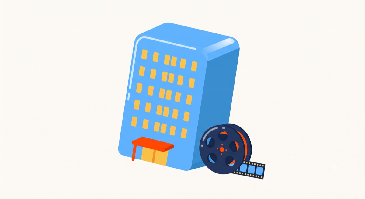 Flat-icon illustration of a film clapperboard, a play button, and a small office building, arranged in the Moonb blob style on a cream background.
