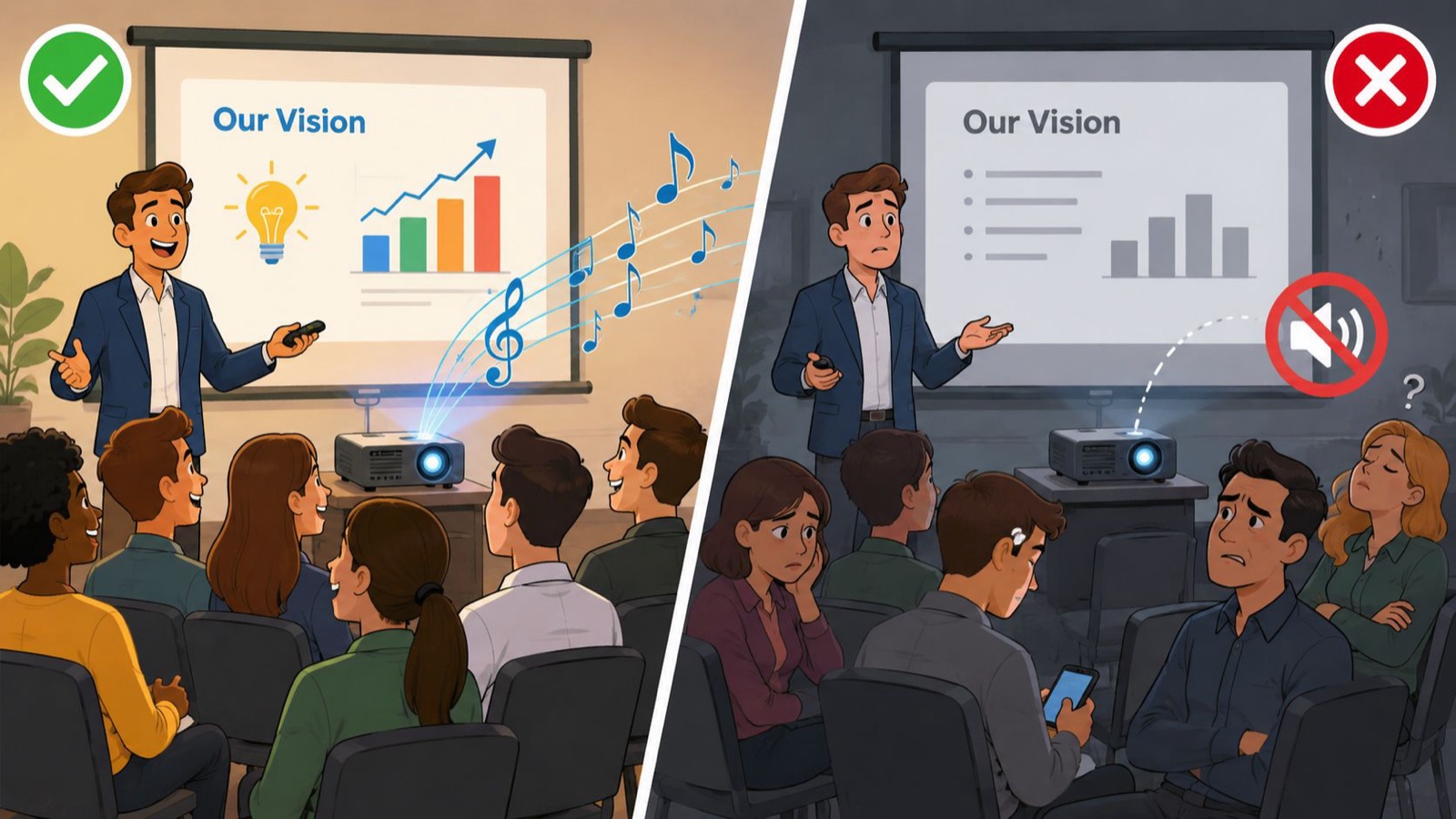 A comparative illustration showing effective and ineffective presentation techniques involving music integration for audience engagement.