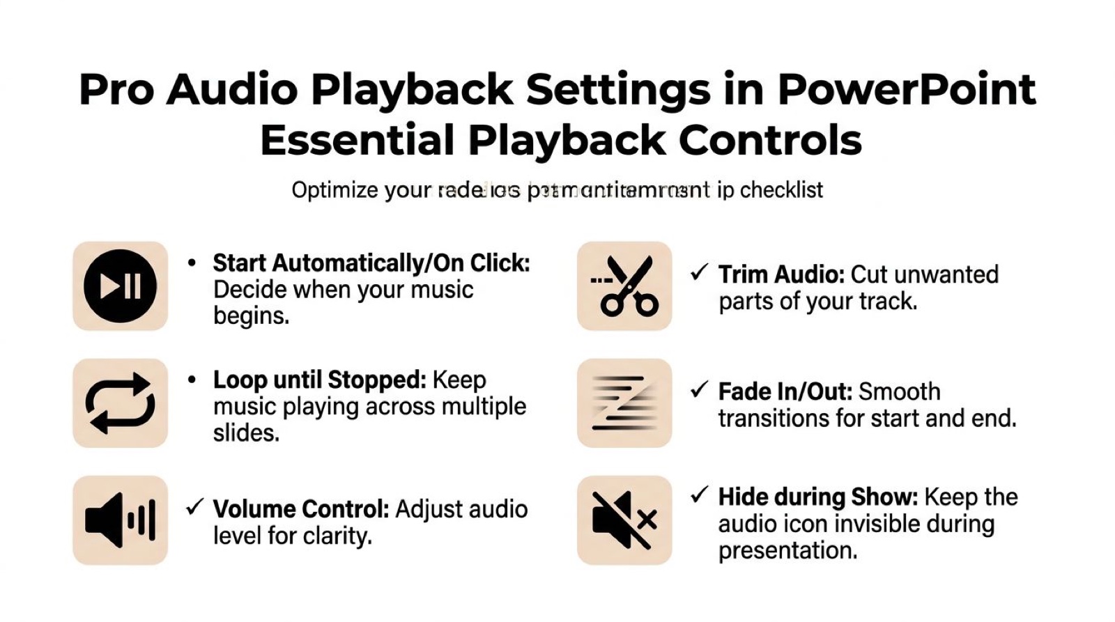 A helpful infographic showing essential audio playback settings for professional PowerPoint presentations, including trimming and fading options.