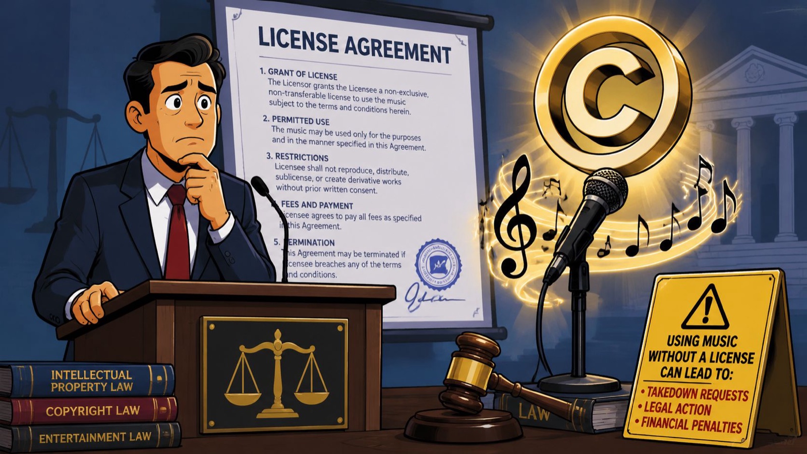 A professional man at a podium discussing music copyright laws, licensing agreements, and legal consequences for unauthorized use.