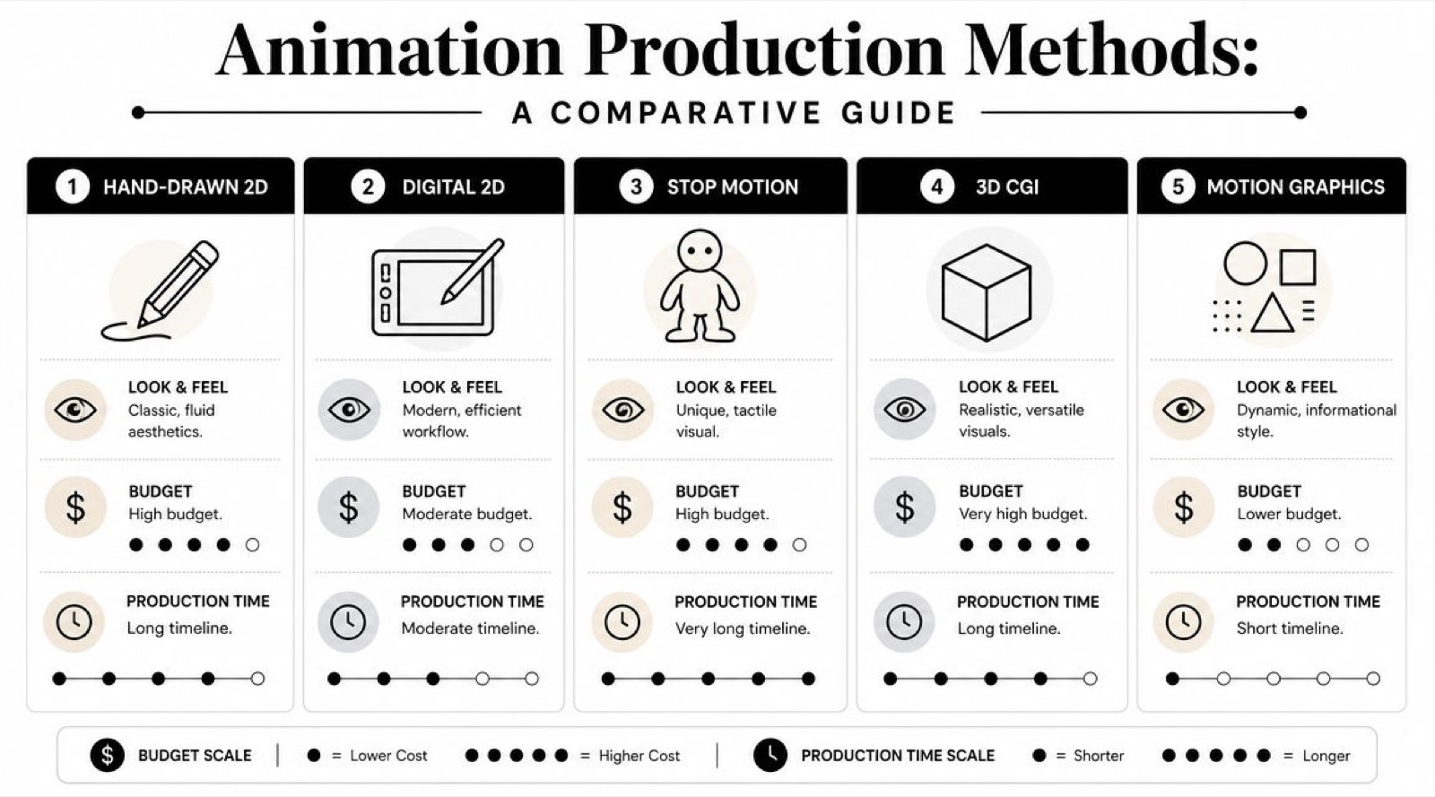 A comparative guide infographic detailing the budget and production timelines for five different animation production methods.