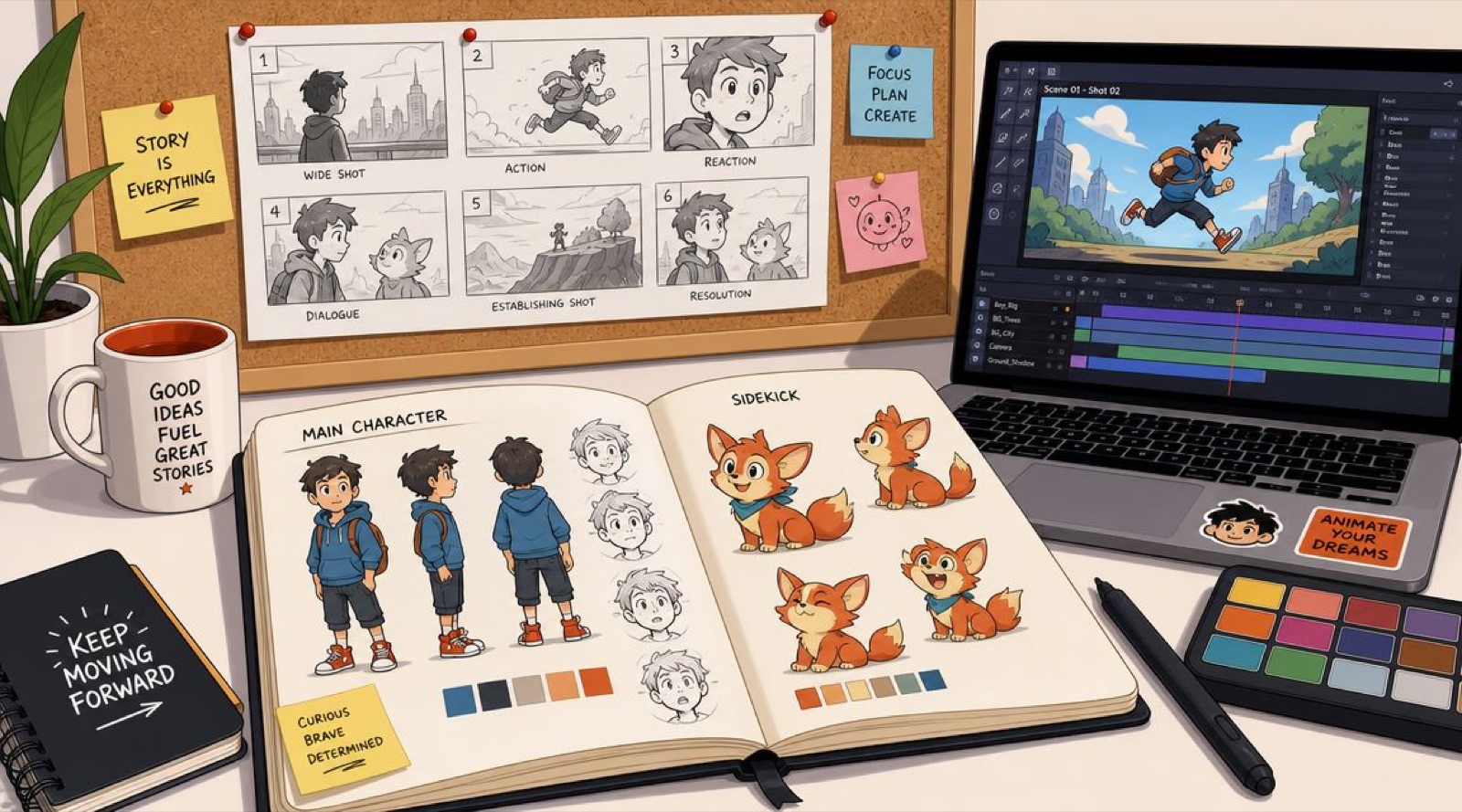 Flat illustration of an animation studio workspace