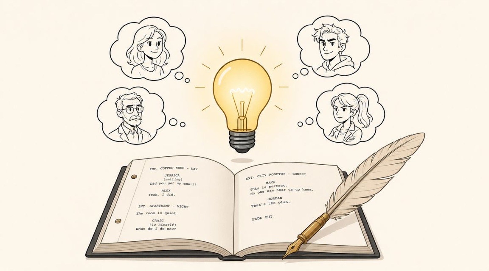 An open script book with a glowing light bulb above and thought bubbles containing character sketches.