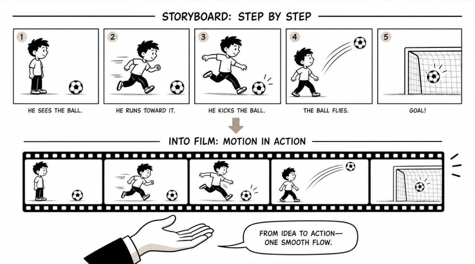 An illustration showing a storyboard transforming into a film sequence of a boy playing soccer.