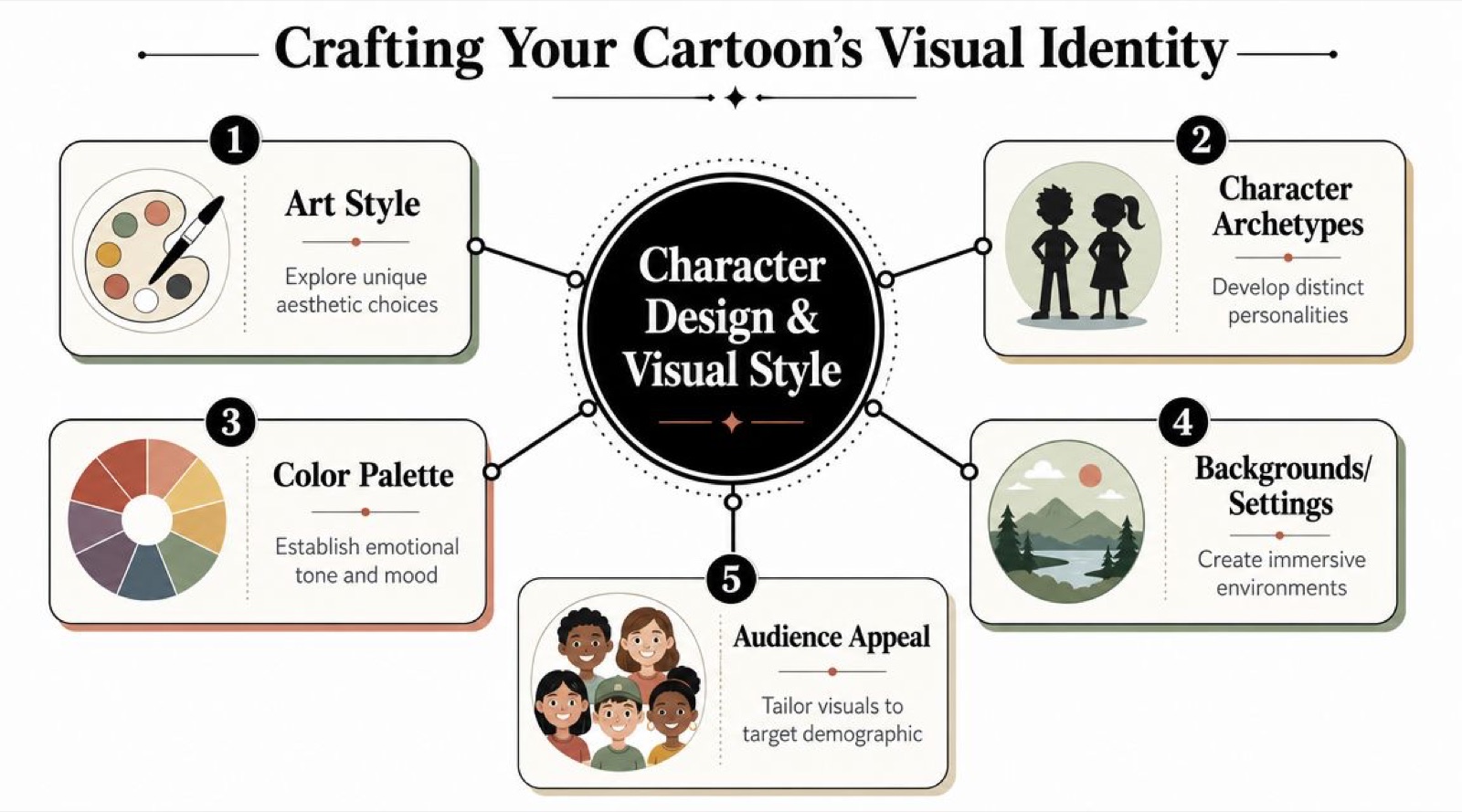 A diagram illustrating five essential steps for creating a cartoon's visual identity, including design, color, and characters.