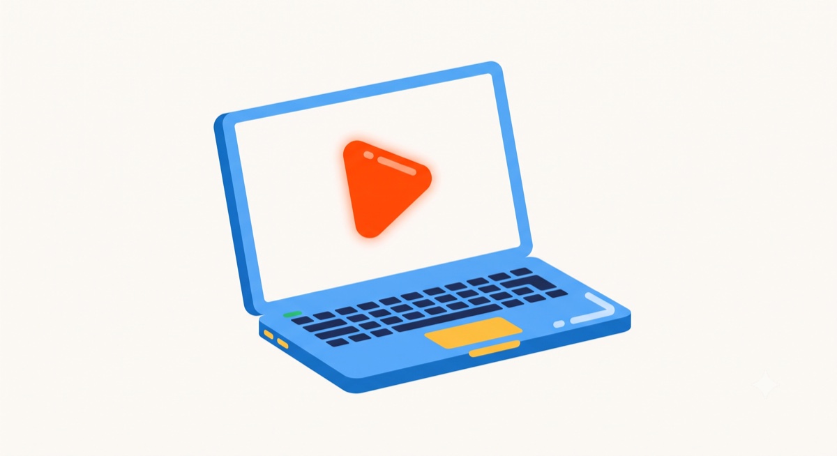 Flat-icon illustration of a play button on a laptop screen with a script page, a microphone, and a cursor arrow arranged around it