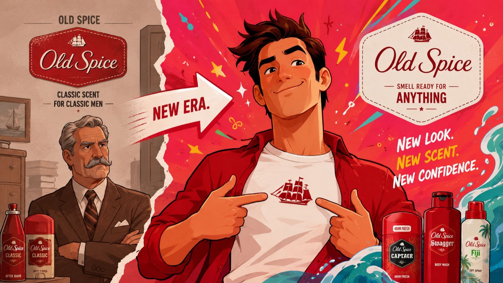 A creative Old Spice advertisement contrasting a traditional older man with a modern, confident young man.