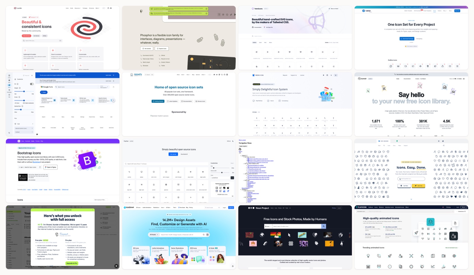 A grid of icon libraries homepages