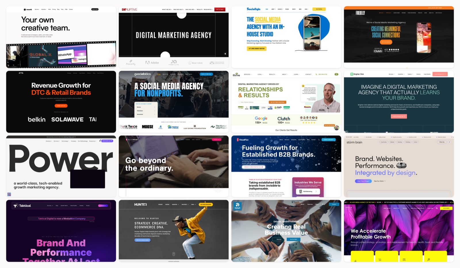 Collage of 19 Instagram advertising agency homepages