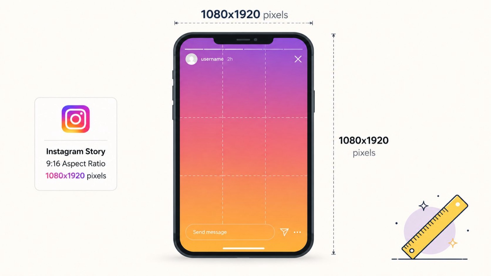 A diagram illustrating the standard dimensions and 9:16 aspect ratio for Instagram story graphics and content.