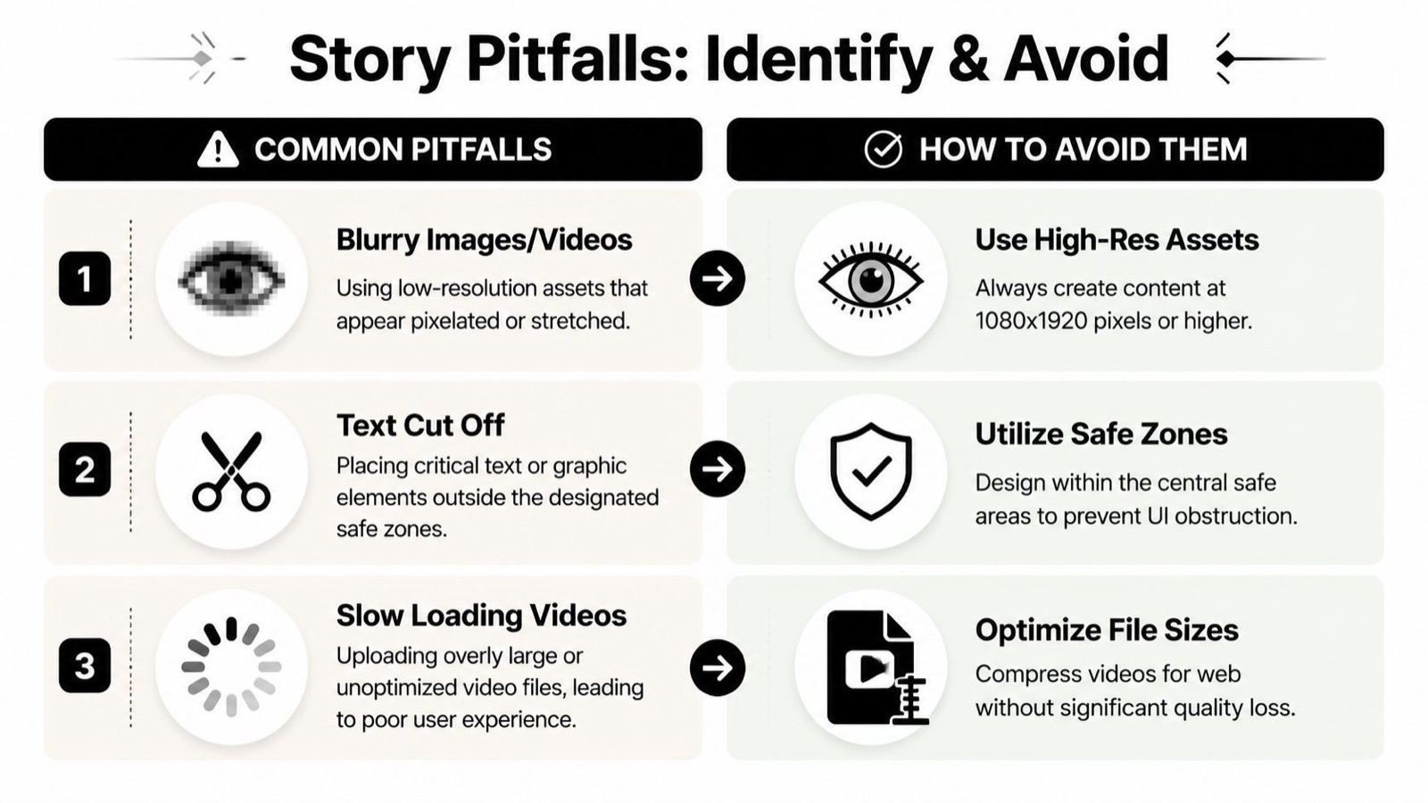 An infographic titled Story Pitfalls identifying common issues like blurry images, cut off text, and slow loading videos.