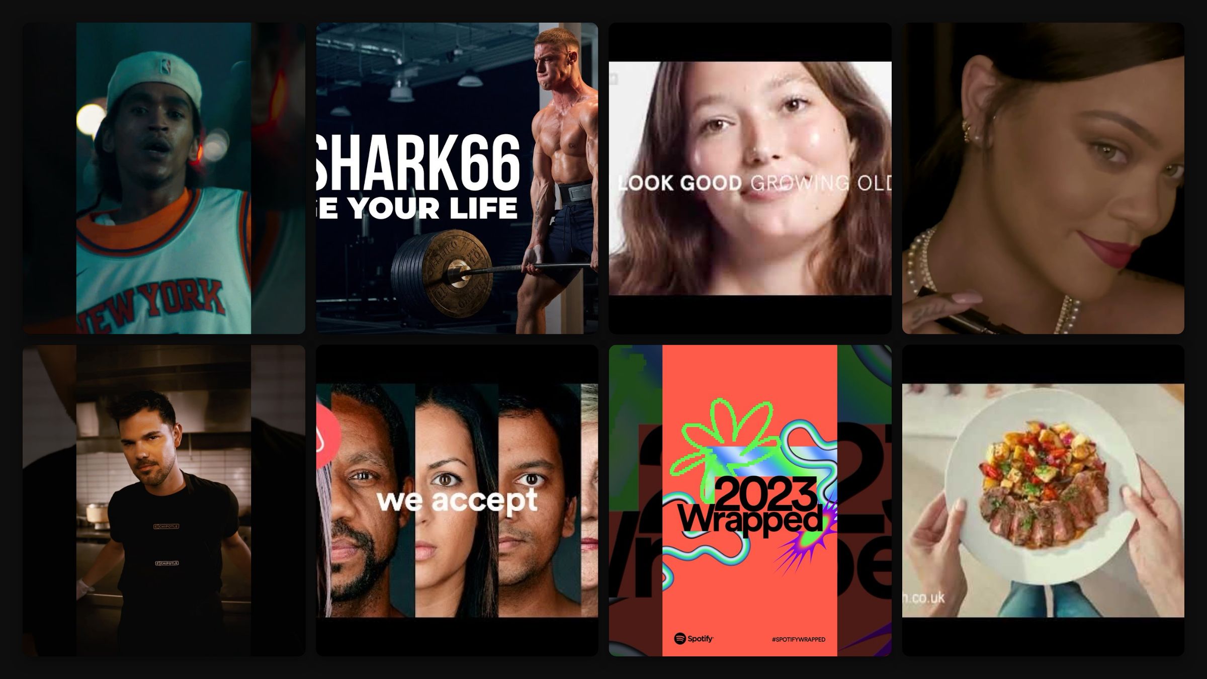 Grid of Instagram and social video ad stills