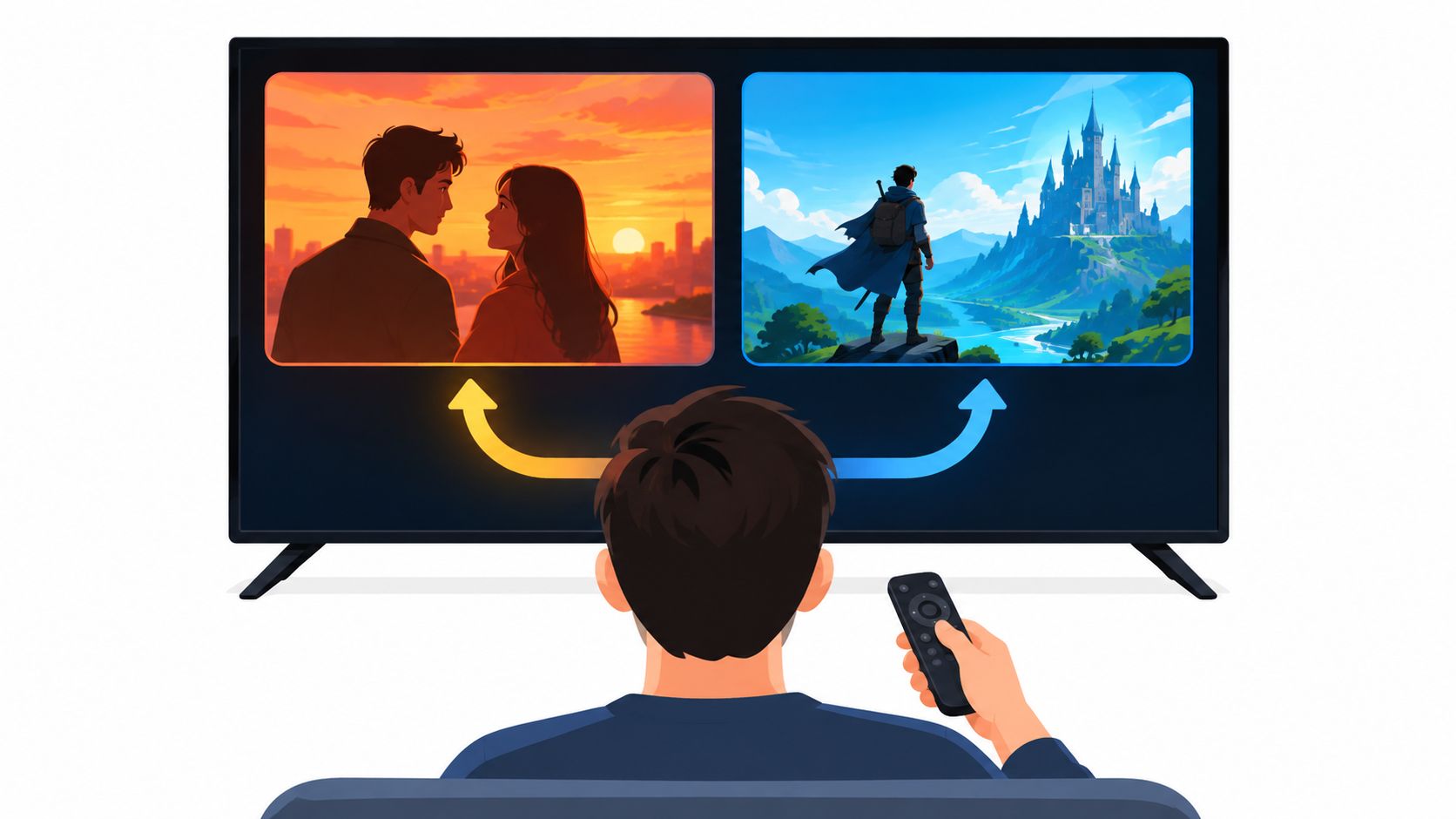 Flat illustration of a viewer holding a remote in front of a TV that offers two story paths