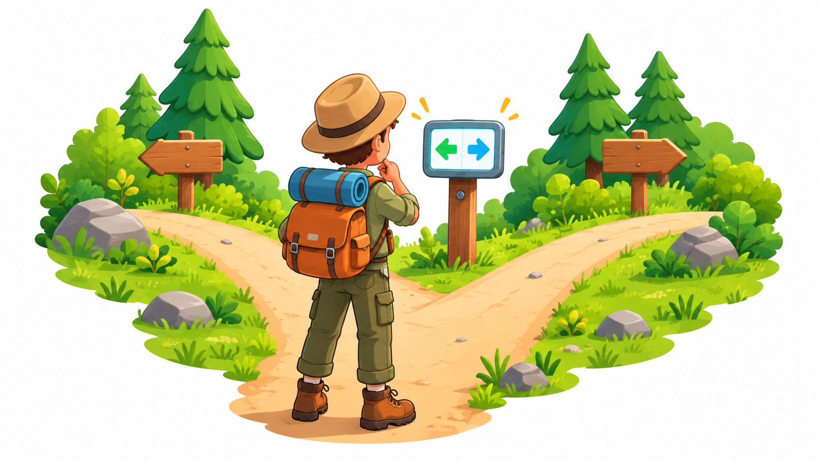 Flat illustration of a hiker standing at a fork in a forest trail, looking at a sign with two arrows