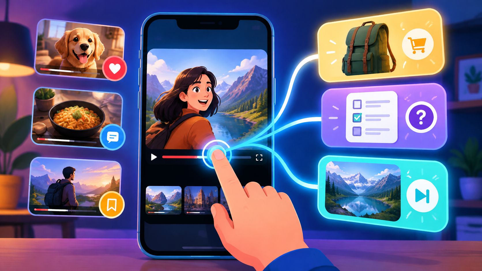 Flat illustration of a hand tapping a phone video player that branches into shopping, quiz and next-video options