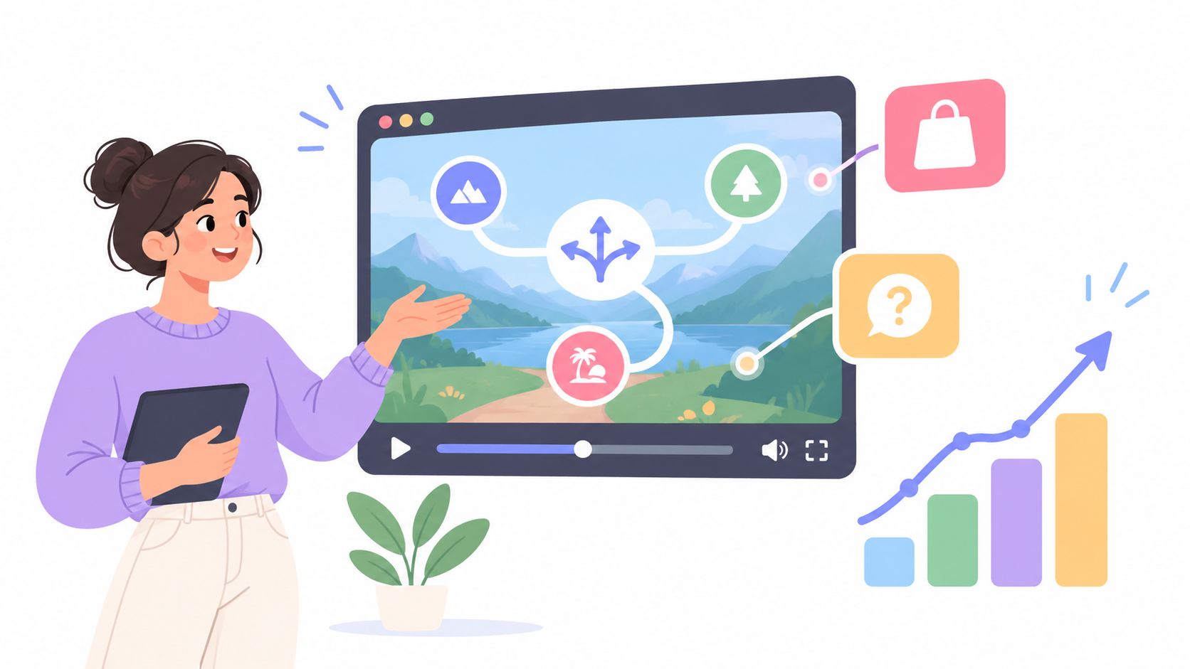 Flat illustration of a marketer presenting a video player with branching path icons, a shopping bag, a quiz bubble and a rising bar chart