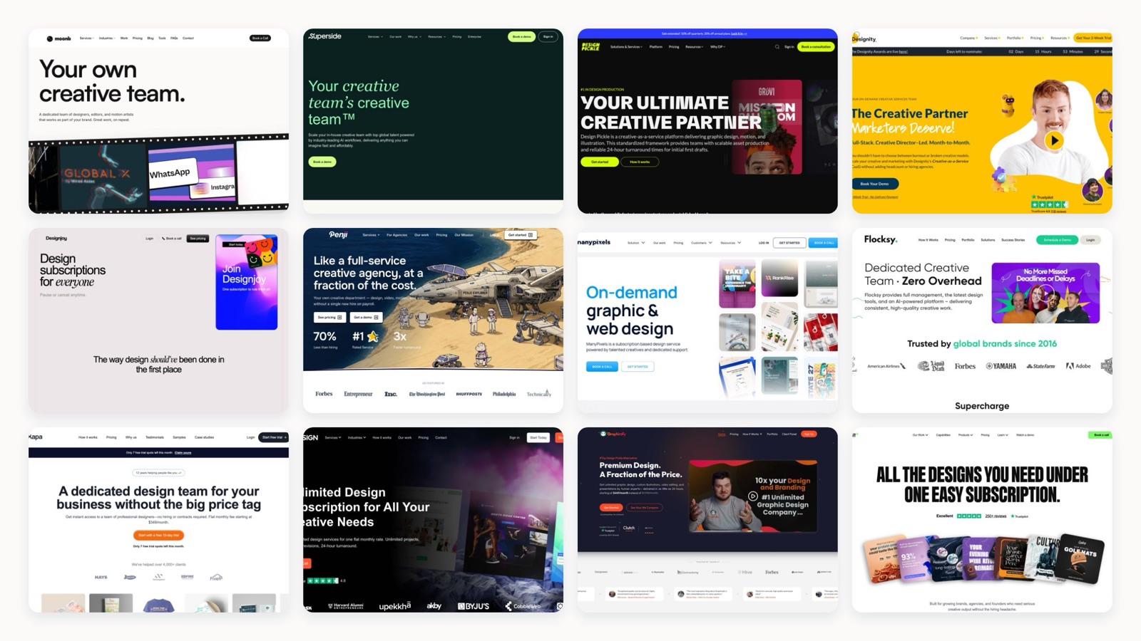 Collage of 12 Kimp alternative homepages including Moonb, Superside, and Design Pickle