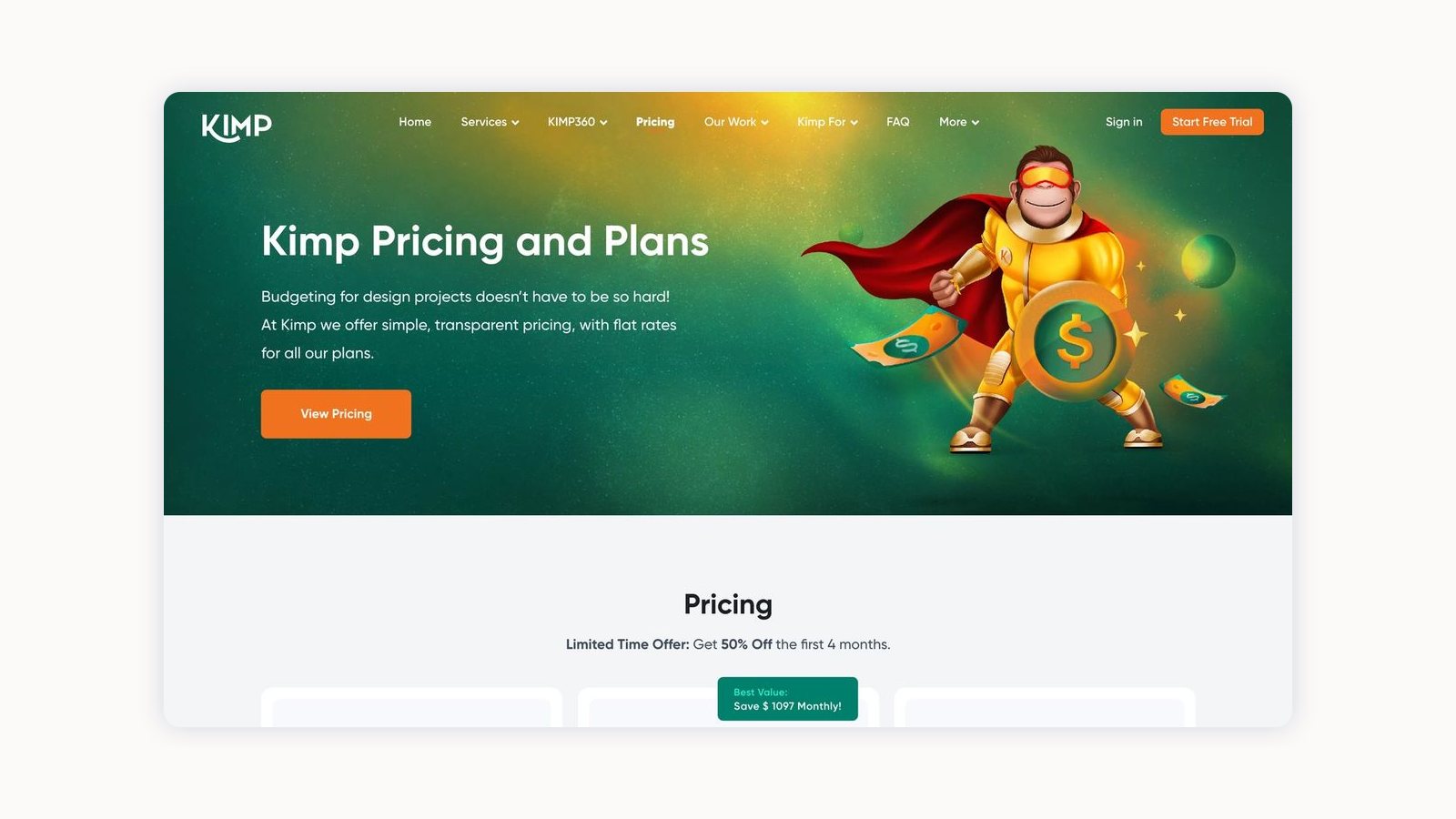 Screenshot of the Kimp pricing page