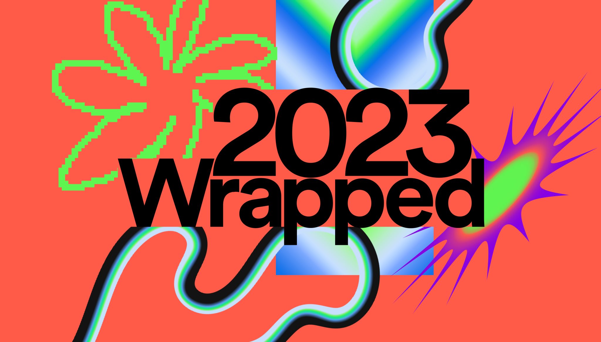 Spotify Wrapped 2023 brand artwork with giant black sans-serif type over saturated orange, green, and blue shapes