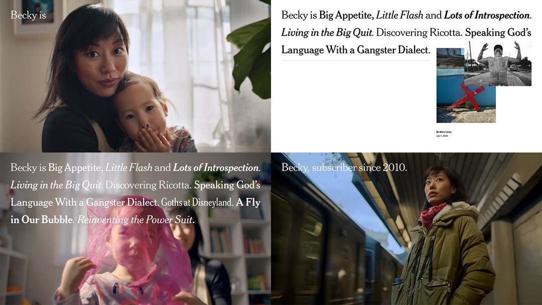 Stills from The New York Times Independent Journalism campaign showing serif headlines accumulating over portraits of a subscriber named Becky