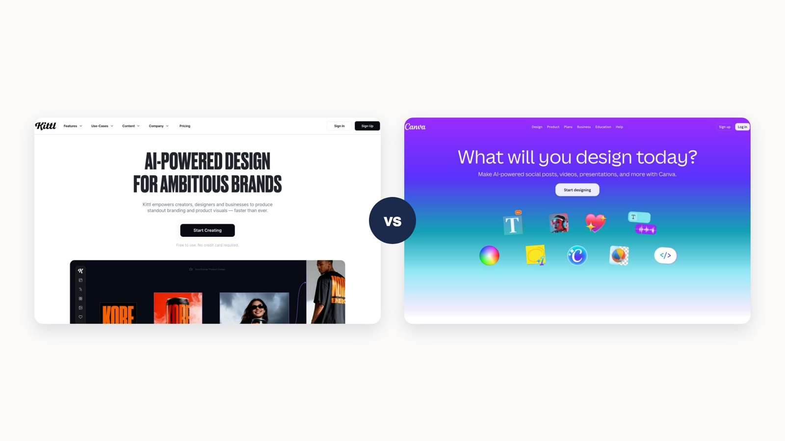 Flat illustration comparison of two design tools on a cream background