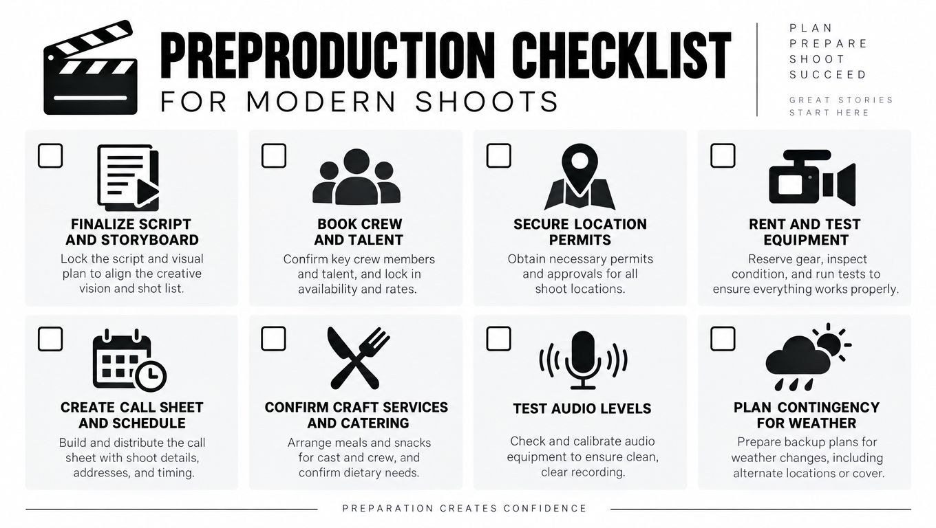 Preproduction checklist graphic with eight items: finalize script and storyboard, book crew and talent, secure location permits, rent and test equipment, create call sheet and schedule, confirm catering, test audio levels, plan weather contingency