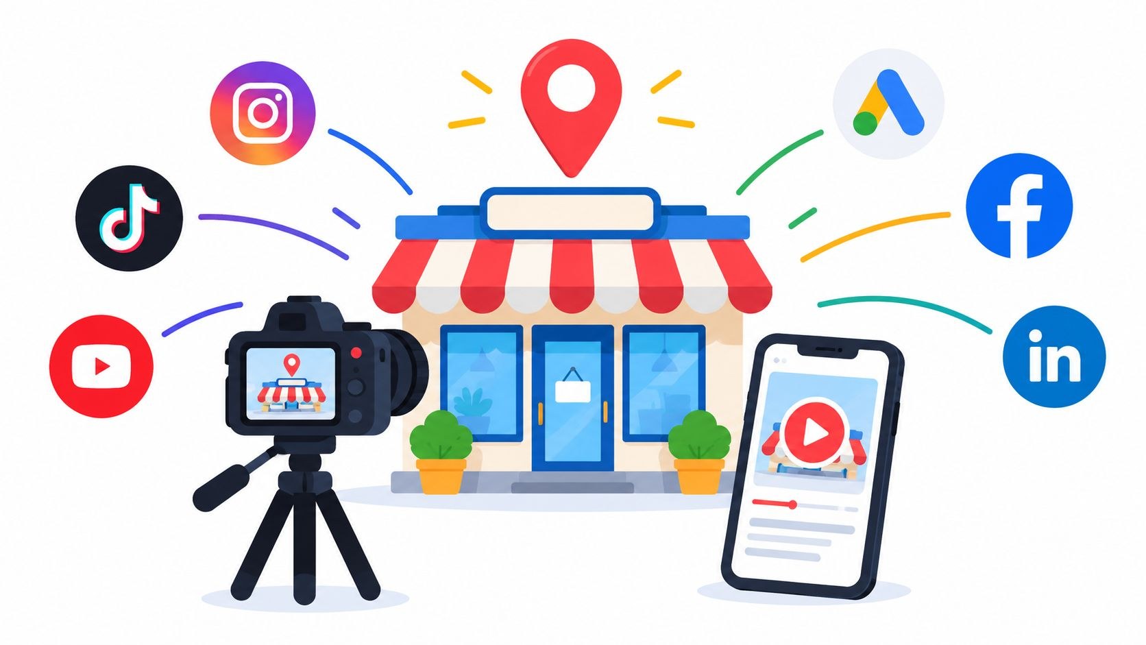 Illustration of a small storefront with a striped awning and a map pin above it, a camera on a tripod filming it, a phone playing the video, and social and ad platform icons around it