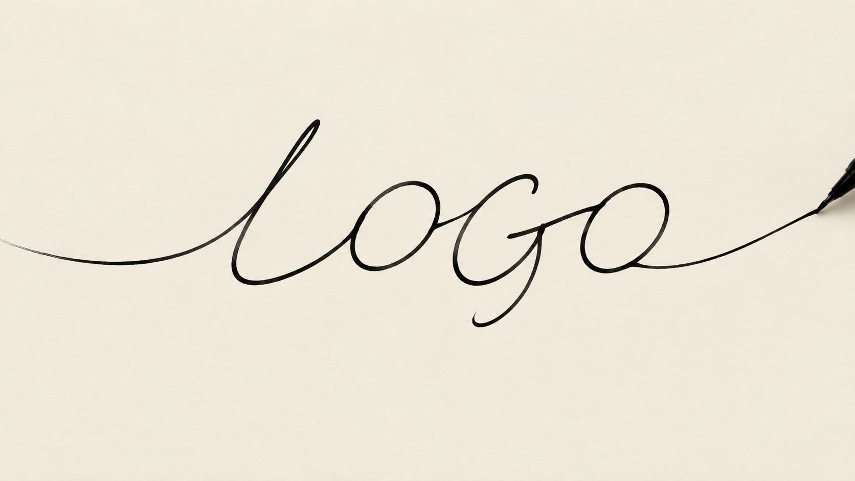 A single unbroken pen line writing the word logo in one continuous stroke
