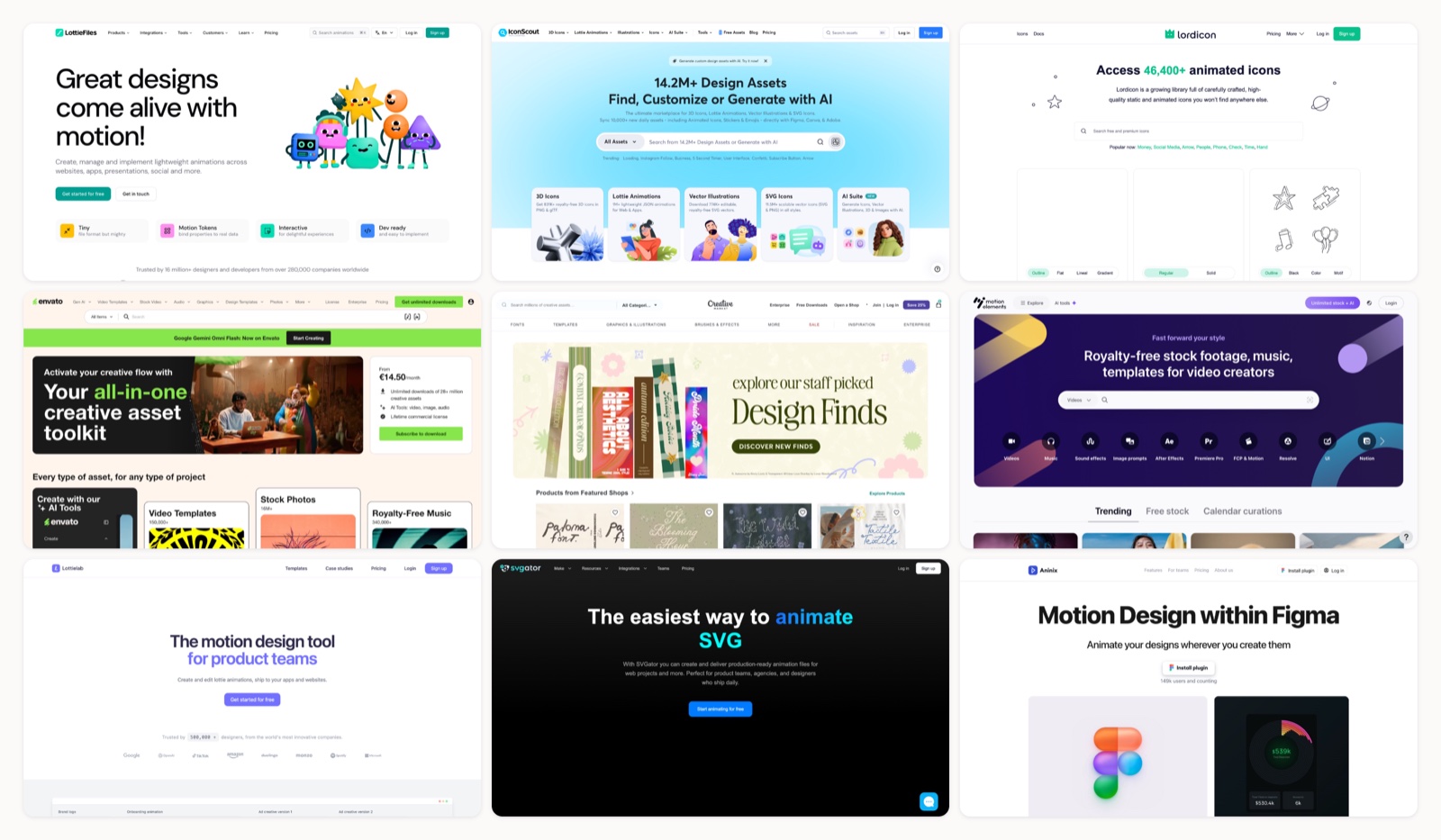 A grid of lottie resources homepages