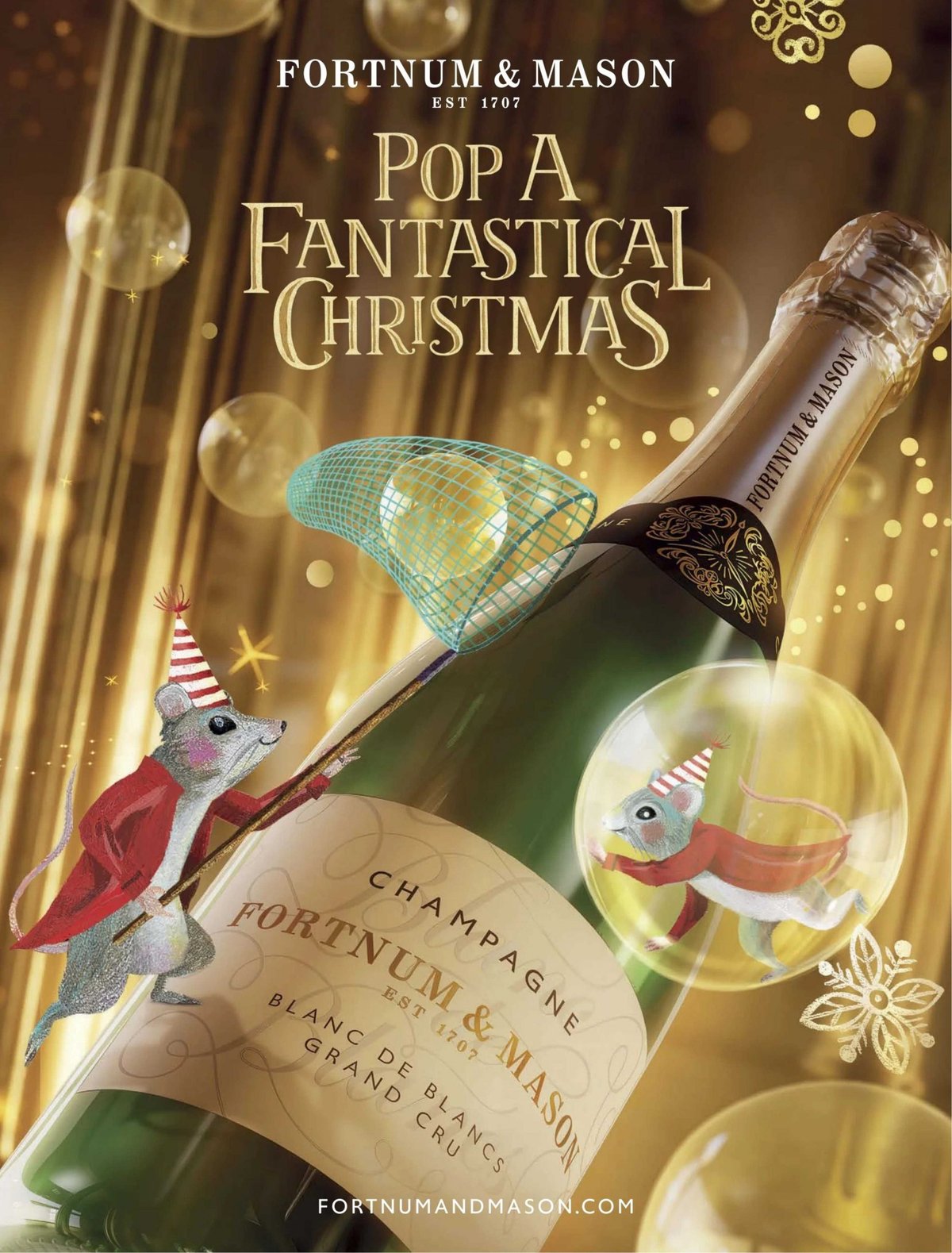 Fortnum and Mason magazine ad showing a champagne bottle with illustrated mice in party hats chasing golden bubbles with a butterfly net