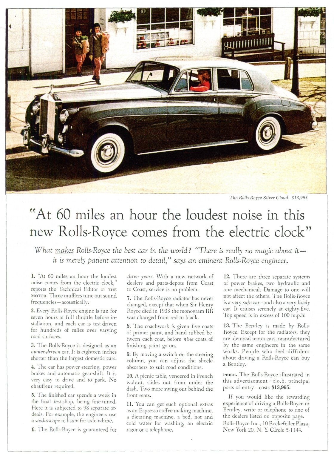 The 1958 Rolls-Royce magazine ad with the electric clock headline, a photograph of the Silver Cloud, and thirteen numbered paragraphs of copy