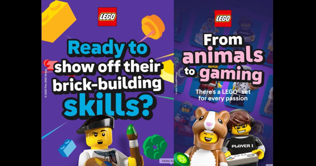 Two purple LEGO print pages from the Immediate Media partnership, one asking Ready to show off their brick-building skills and one reading From animals to gaming