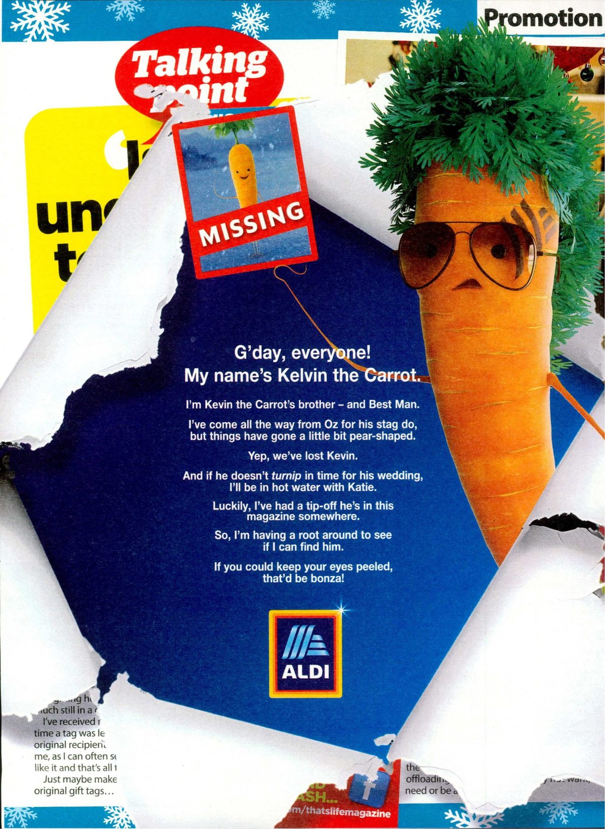 Aldi magazine ad showing Kelvin the Carrot in sunglasses bursting through a torn magazine page holding a missing poster of Kevin the Carrot