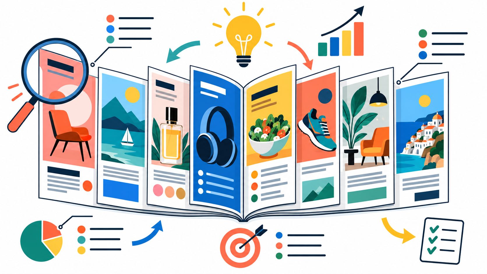 Illustration of open magazine pages showing different advertising layouts
