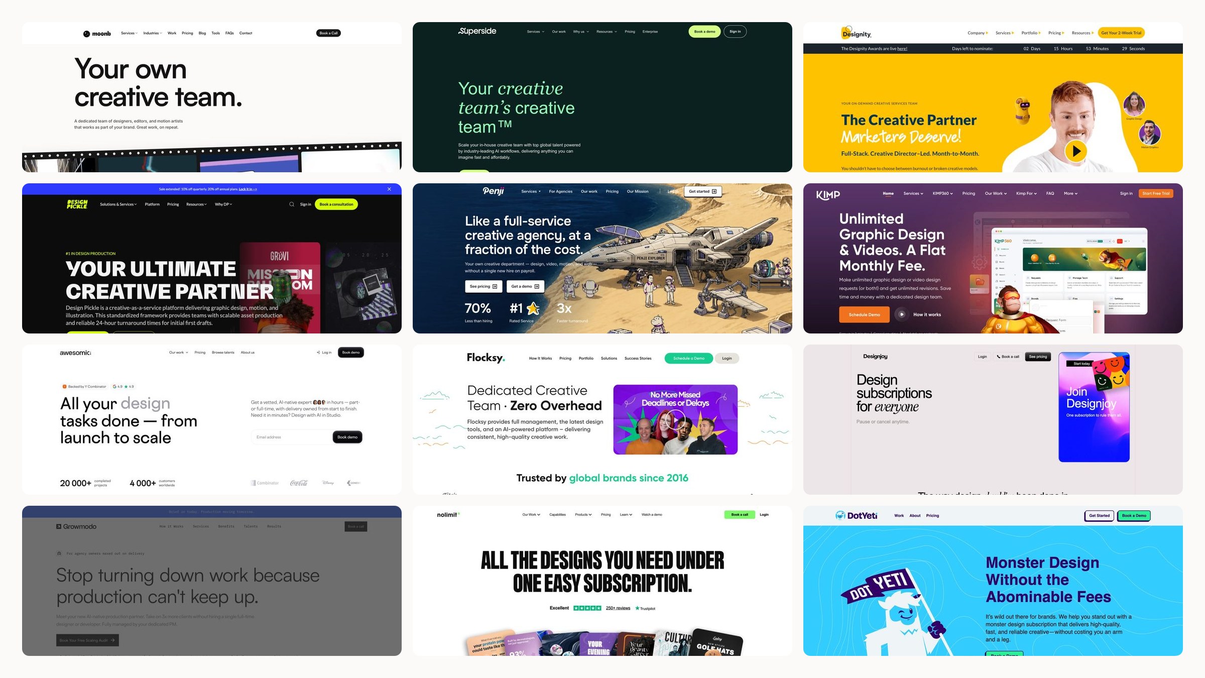 Grid of twelve homepage screenshots of ManyPixels alternatives
