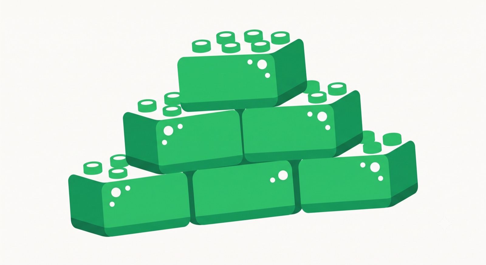 Flat illustration of chunky modular building blocks stacked into a stable tier, representing a modular marketing production layer