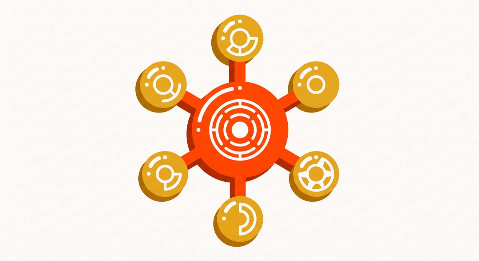 Flat illustration of a hub-and-spoke wheel with one central circle linked to six satellite circles, representing a centralized marketing core
