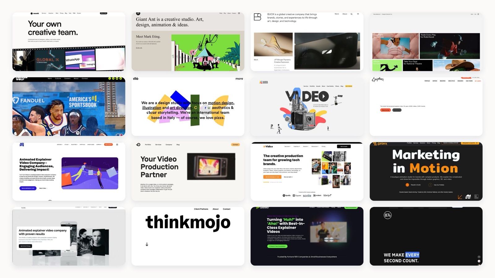 Collage of leading motion graphics and animation studio homepages