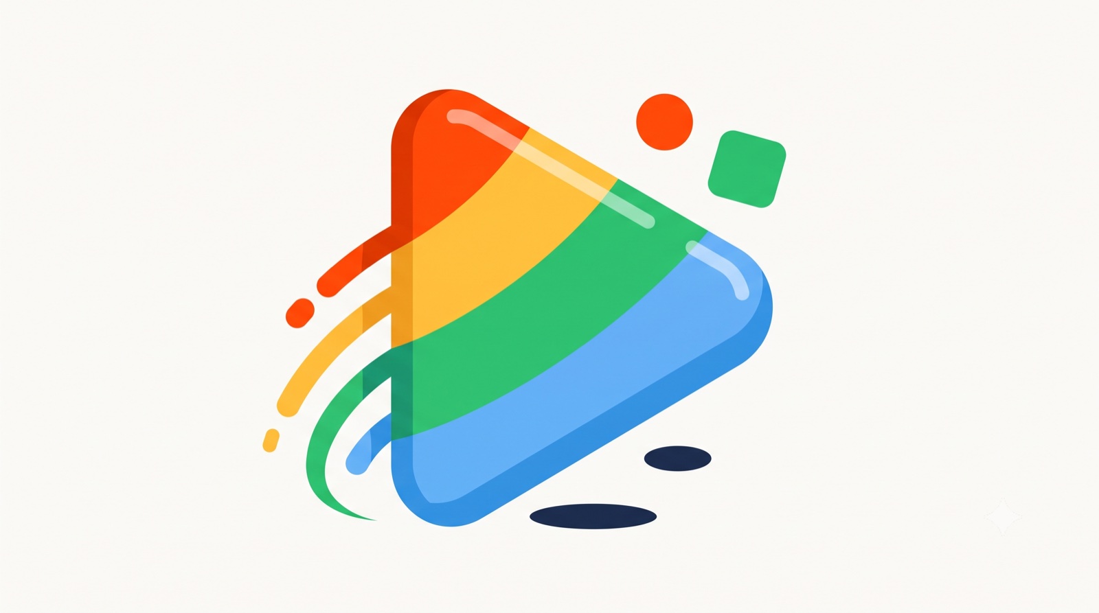 Flat icon of a play triangle with motion trails and geometric shapes