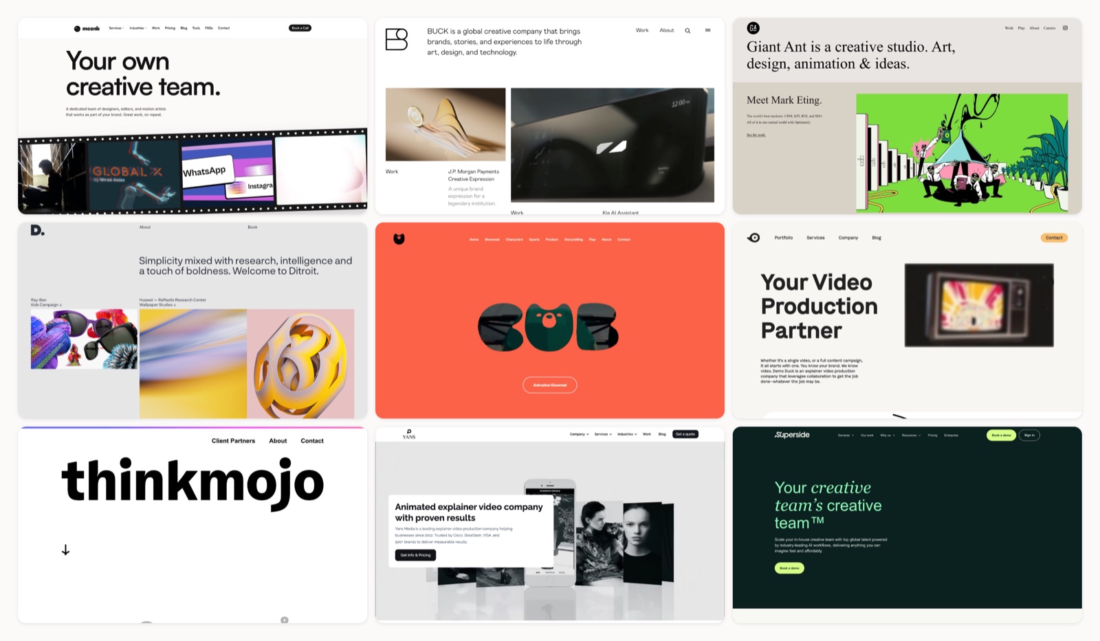A grid of motion graphics studios homepages