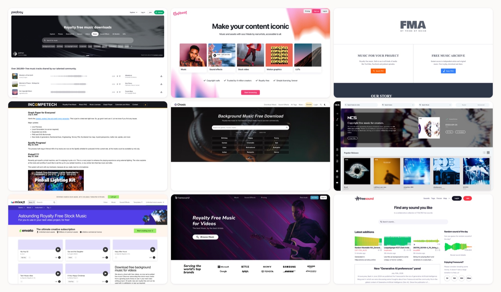 A grid of non copyright music sites homepages
