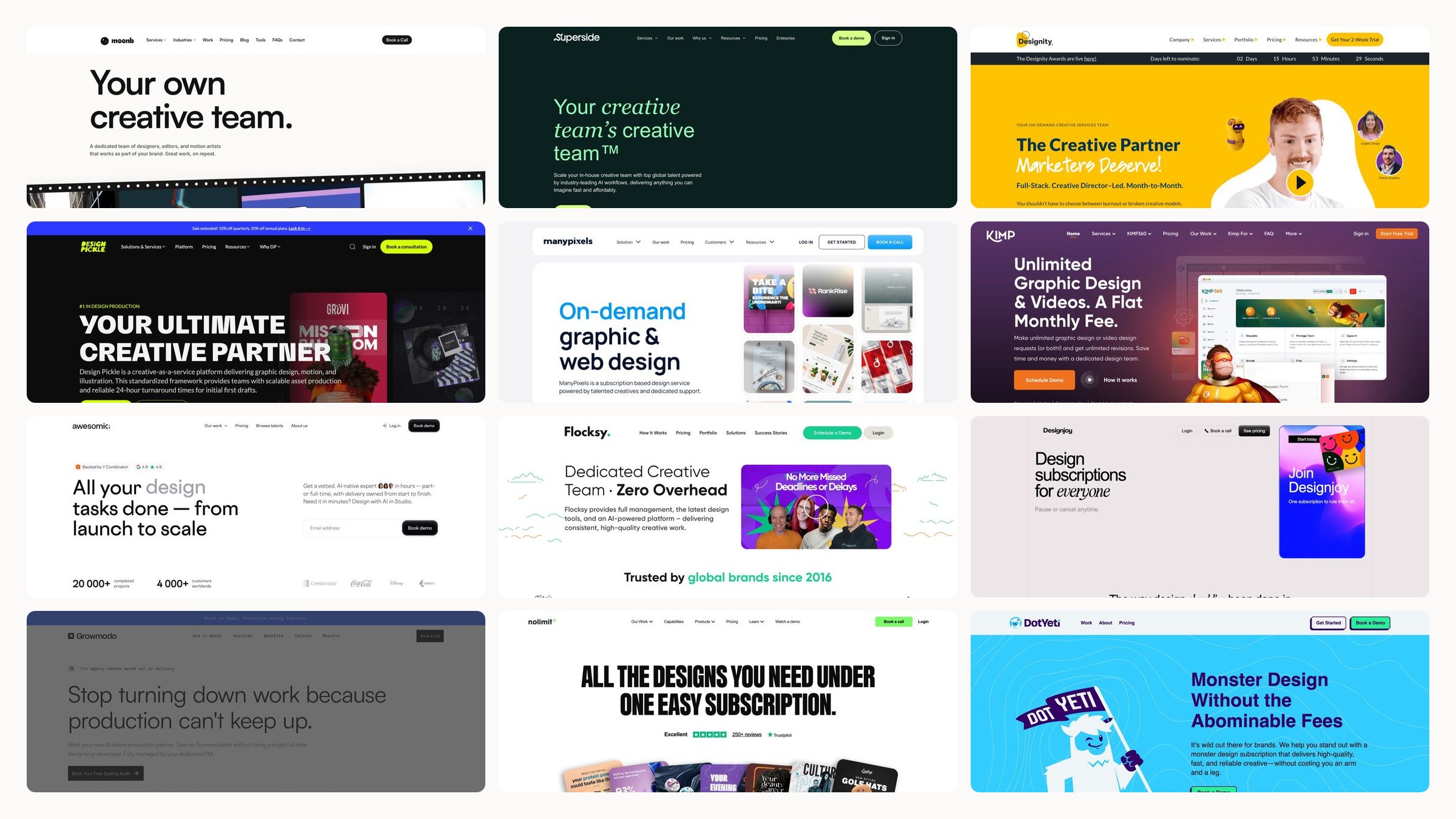 Grid of twelve homepage screenshots of Penji alternatives